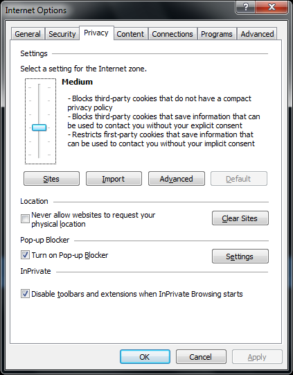 IE Internet Options - Privacy Tab