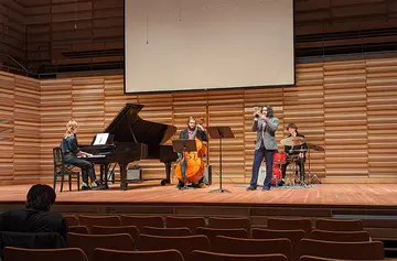 A jazz combo comprised of (from left): Maze Drum (piano), Jared Reinard (bass), TyeRyan Burke (trumpet/flugelhorn) and Nigel Usiak (drums), shown performing at an earlier Student Composer Concert, will return to the stage in the first part of this year’s Student Composer Concert series.