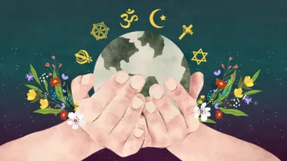 Two hands holding the world with faith symbols